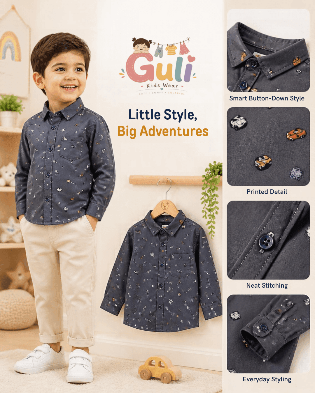 Boys Dark Grey Printed Shirt — dark grey