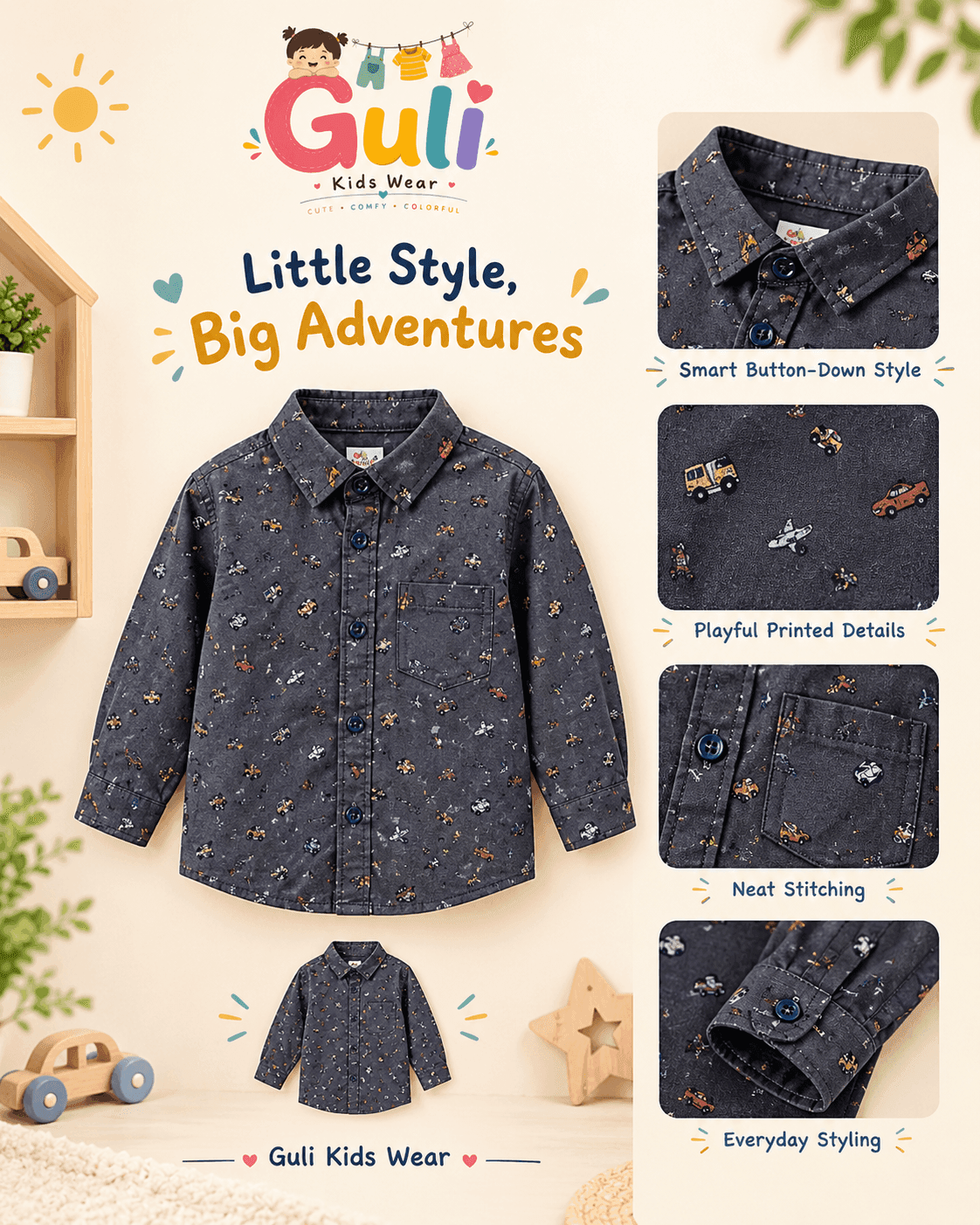Boys Dark Grey Printed Shirt — dark grey view 2