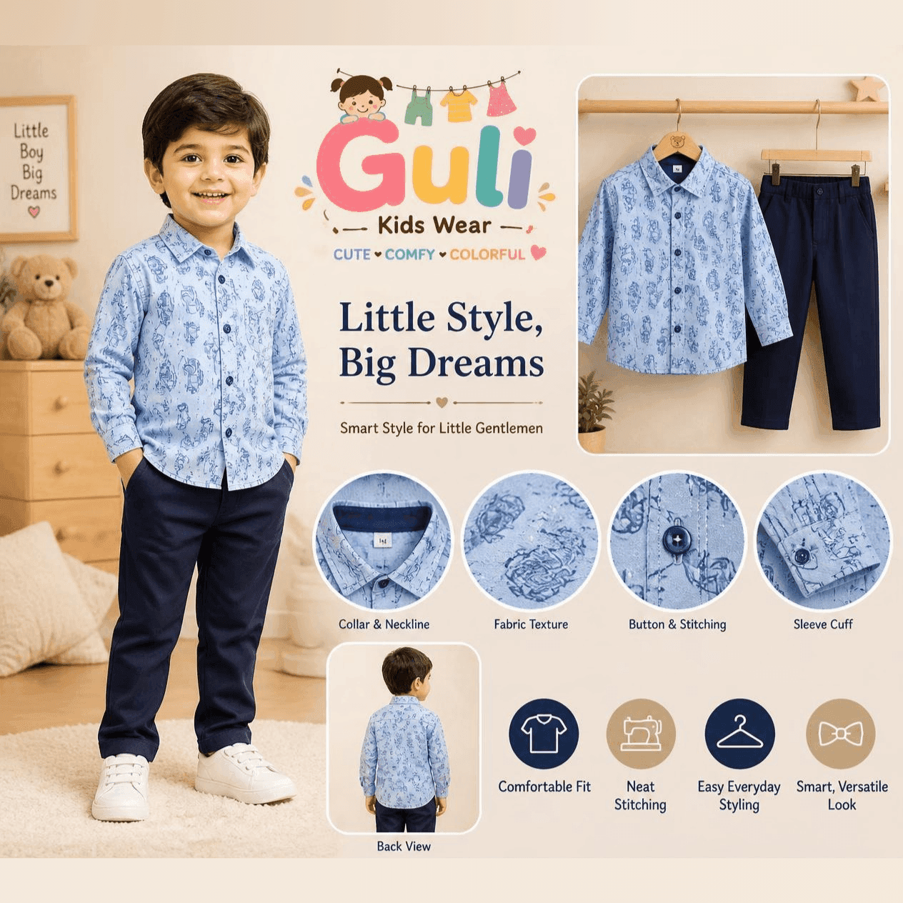 Boys Light Blue Printed Shirt — Light Blue